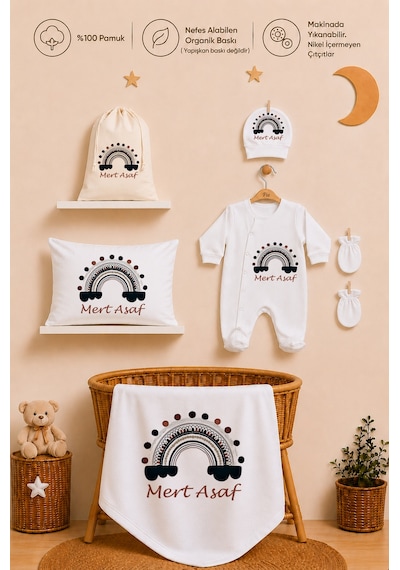 Pia Baby Erkek Bebek %100 Pamuk Hediye Seti 6 Lı İsimli Keseli Tulum Şapka Eldiven Battaniye Ve Yastık Kılıfı 1086tybk0x Krem
