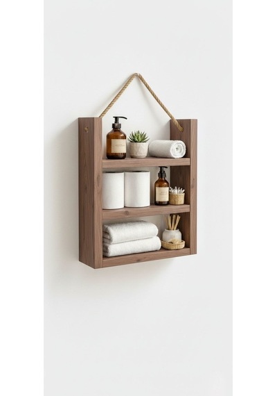 Ahşap 3'lü Duvar Rafı - Dekoratif Banyo Ve Mutfak Organizeri - 60x30 Cm Diğer
