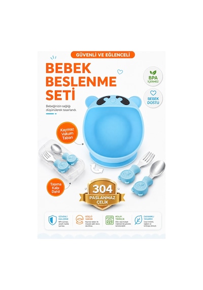 Mavi Premium Çocuk Vakumlu Silikon Beslenme Mama Kase, Paslanmaz Çelik Çatal-kaşık /9+ Ay