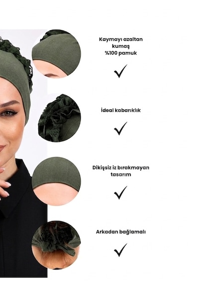 Alivascarf Fırfırlı Dikişsiz Penye Bone - Kadın Tesettür Bağlamalı Topuz İç Bone Haki