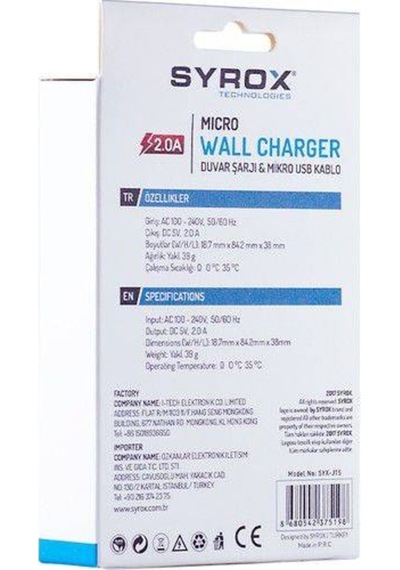 Syrox J15 2.0A Micro Usb Samsung Uyumlu Şarj Aleti (Başlık Ve Kablo)
