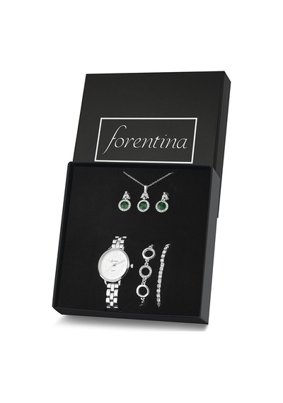 Forentina Gümüş Kaplama Yeşil Taşlı Kolye Küpe Bileklik Saat Hediye Set Ps3144 Çok Renkli