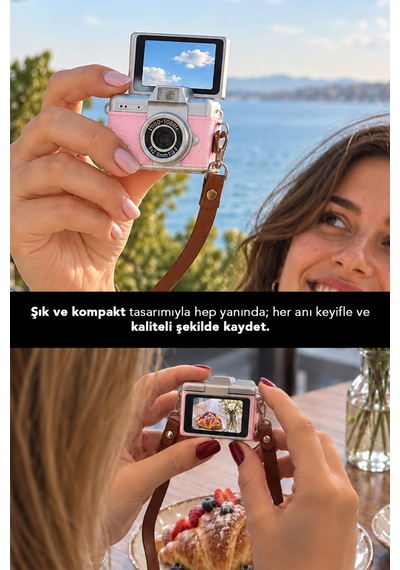 Mimtec Blm-110 Mini Retro Dijital Kamera - Flaşlı Katlanabilir Ekran 1080p Hd Video Selfie Vlog Kamerası Pembe