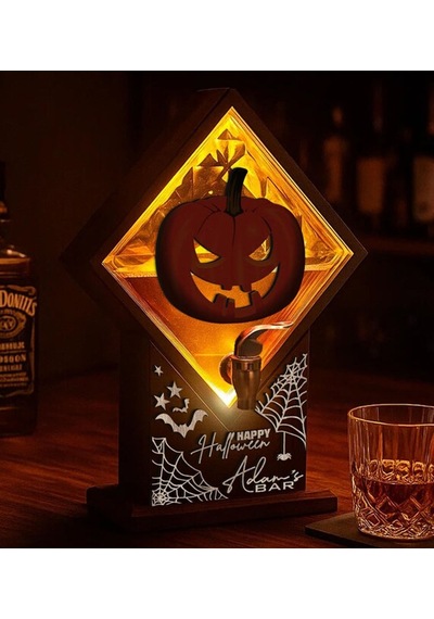 Bk Gift Kişiye Özel Halloween Tasarımlı Viski Çeşmesi Led Işıklı Ve Balkabağı Oymalı Tasarımlı Özel İsimli Cadılar Bayramı Ahşap Viski Çeşmesi Sarı