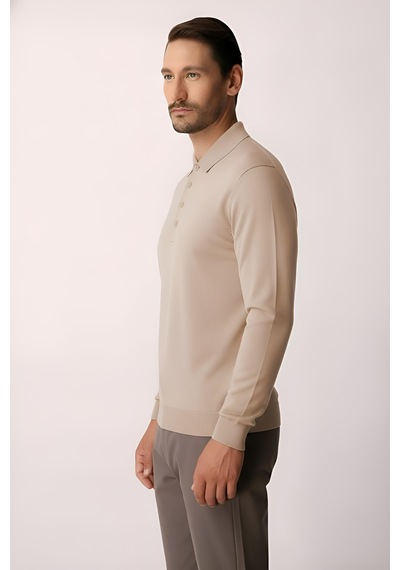 İgs Bej Standart Fit Dar Kalıp Polo Yaka Düz Uzun Kollu Triko-21906 Bej