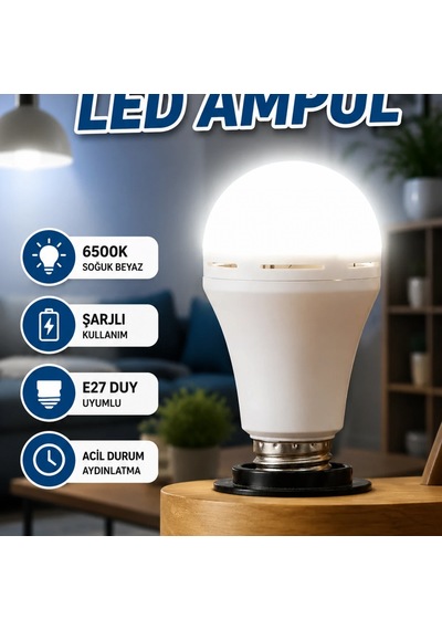 Şarjlı Led Ampul 6500k Soğuk Beyaz E27 Duy Uyumlu Diğer