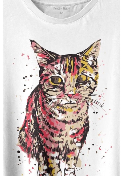 Sevimli Masum Rengarenk Kedi Çizim Silüeti Baskılı Tişört Unisex T-shirt 001