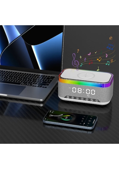 Rgb 13 Mod Led Işıklı Masa Üstü Bluetooth Speaker Masa Saati Alarmlı 15w Kablosuz Şarj Standlı