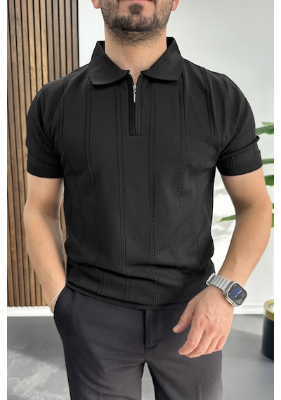 Erkek Desenli Polo Yaka Tişört Siyah Edw457 Siyah