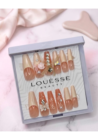 Louésse Peach Veil Takma Tırnak 12 Li Nude Şeftali Tonlu Taşlı Zarif Nail Set