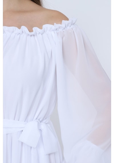 Moda Labio Modalabio - Dökümlü Kol Beyaz Elbise