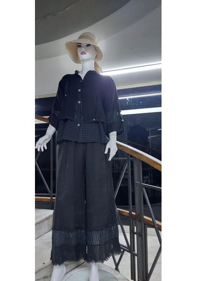 Bohem Stil İtalyan Fisto Detaylı Keten Pantolon Ceket Takım-9196 Antrasit