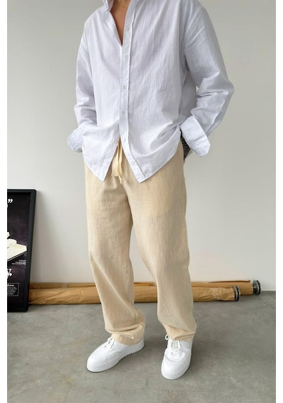 Bej Baggy Keten Pantolon Bej