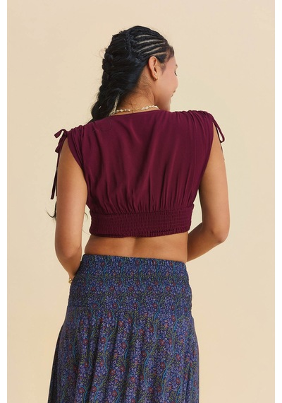 Derin V Yaka Dekolte Desenli Yazlık Bluz Bordo