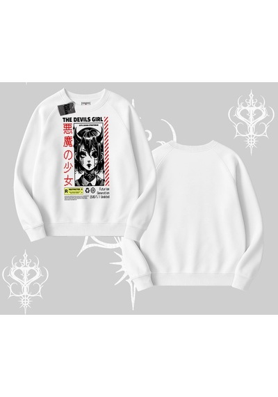Startmore Biskilet Sweatshirt Anime Devils Girl Japanese Style Baskılı Beyaz