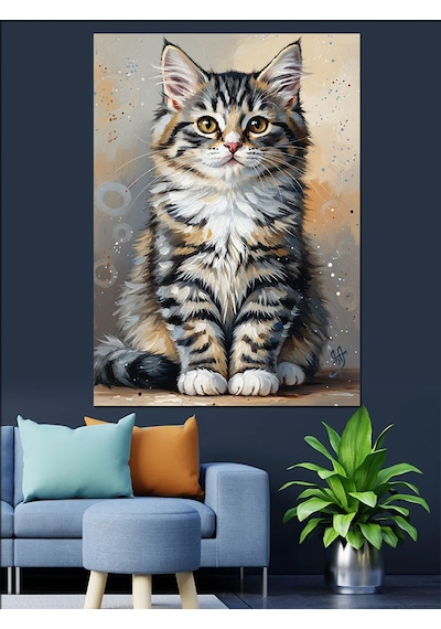 Ahşap Tablo Oturan Sevimli Tekir Kedi