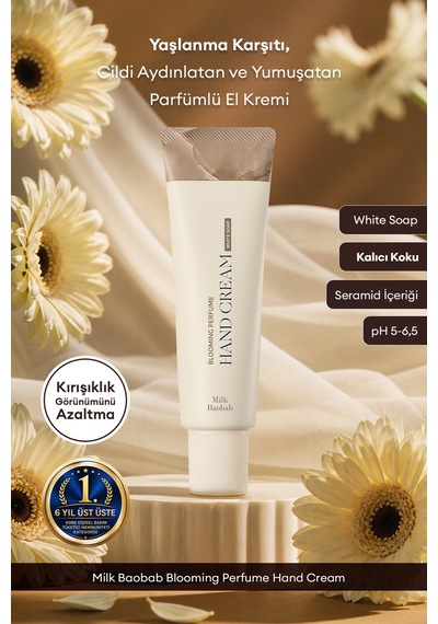 Yaşlanma Karşıtı Yumuşatıcı Parfümlü El Kremi Mılk Baobab Blooming Perfume Hand Cream White Soap