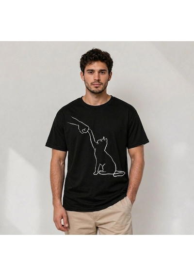 Barlashive Erkek Minimal Kedi Çizim Baskılı Tişört Kısa Kol Yazlık T-shirt - Siyah Çok Renkli