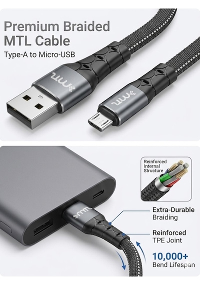 3.4a Micro Usb Ultra Hızlı Metal Başlıklı Flat Örgülü Şarj Ve Data Kablosu Mt2321