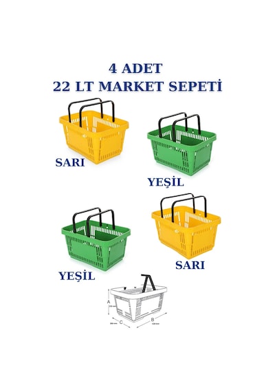 4 adet 22Litre Market ve Alışveriş Sepeti, Saplı Market Sepeti R5