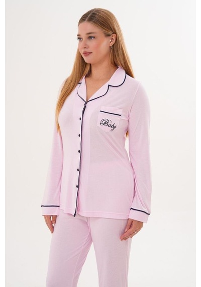 Mecit Pijama Mecit 6307 Pembe Boydan Düğmeli Kadın Pijama Takımı Pembe
