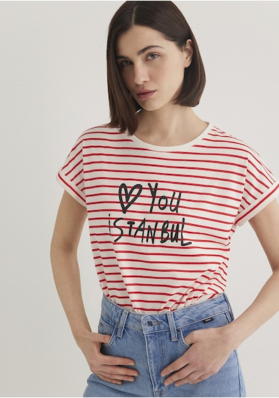 Mavi - Love You Baskılı Çizgili Istanbul Tişört 167986-26829 Beyaz
