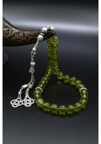 Doğal Peridot Taşlı 33'lük Tesbih Metal Püsküllü 10mm Küre Kesim 902256