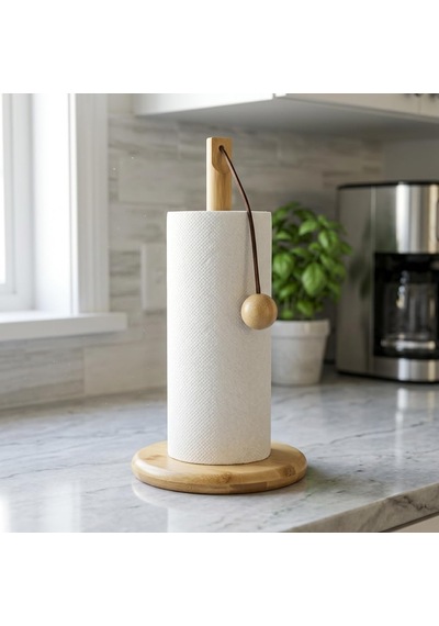 Doğal Bambu Bohem Top Tutacaklı Kağıt Havluluk - Dekoratif Ahşap Stand 30x14 Cm, Kahve Ve Bambu Renk Seçenekli, 1 Adet Doğal Diğer