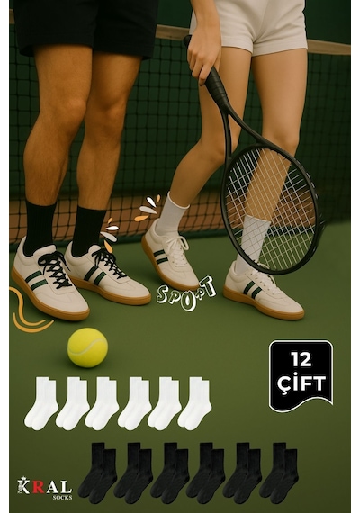 Kral Socks Unisex Siyah-beyaz 12 Çift Pamuklu Tenis Spor Uzun Soket Boy Çorap Siyah - Beyaz