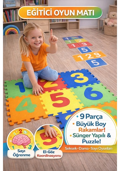 9 Parça Rakamlı Oyun Matı 33x33 Cm Sünger Puzzle Yer Karosu Çocuk Eğitim Seti