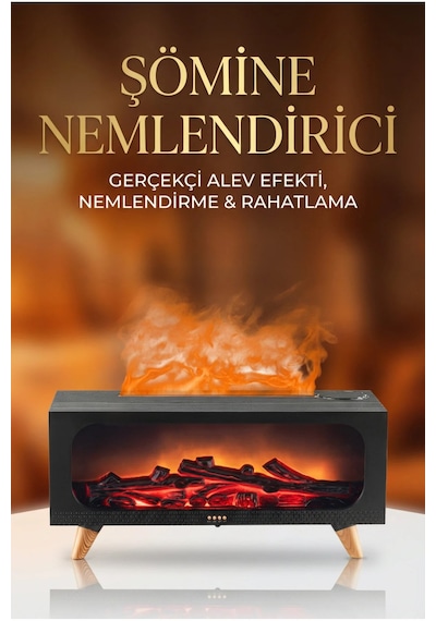 Alev Efektli Şömine Aromaterapi Difüzörü Hava Nemlendirici 150 Ml Serin Buhar 7 Led Işık
