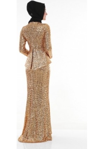 Nidya Moda Peplumlu Dore Payet Elbise-4047D Altın