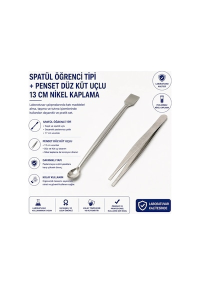 Spatül Öğrenci Tipi + Penset Düz Küt Uçlu 13 Cm Nikel Kaplama