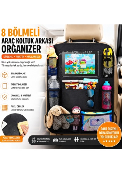 Polham 8 Bölmeli Araç Koltuk Arkası Organizer Tablet Bölmeli Fileli Oto Koltuk Arkası Eşya Düzenleyici