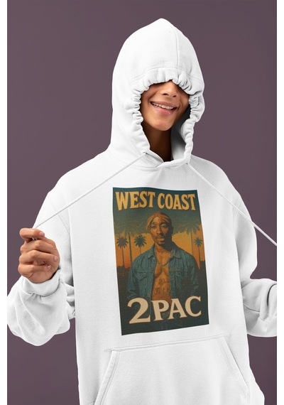 Sevbano West Coast Tupac Rapper Baskılı Unisex Oversize 2pac Şarkıcı Hood beyaz