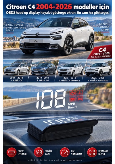 Citroen C4 2004-2026 Modeller İçin Obd2 Head Up Display Hayalet Gösterge Ekranı Ön Cam Hız Göstergesi