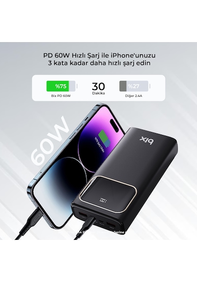 Bix Pb303 30000mah 60w 2 Usb Type-c Çıkışlı Led Ekranlı Powerbank