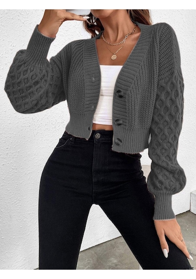 Aqe Fashion V Yaka Örgü Desenli Triko Crop Antrasit Hırka Antrasit