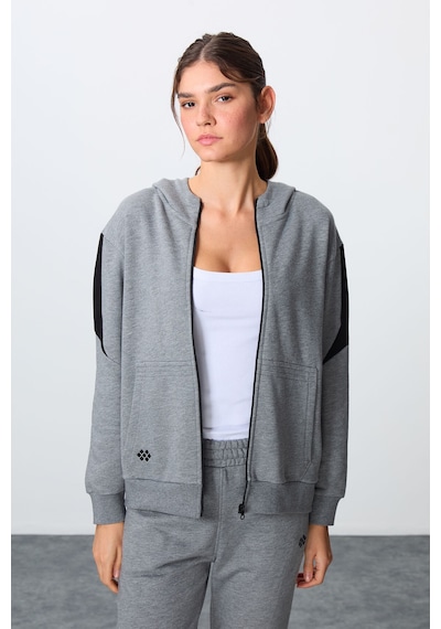 Tommy Life Gri Melanj Kompakt Pamuklu Kalın Pürüzsüz Dokulu Kapüşonlu Oversize Fit Kadın Eşofman Takım - 95343 GRİ MELANJ
