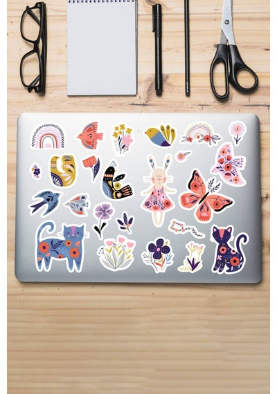 Kelebek Kedi Çiçek Sticker Seti Laptop Ajanda Pc Tablet Telefon Defter Etiket Bullet Journal Diğer