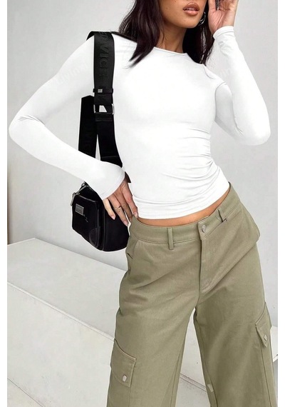 Tarz Cool Kadın Bisiklet Yaka Basic Uzun Kollu Likralı Body Beyaz