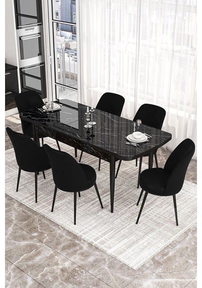 Canisa Concept Kor Serisi, 70x114 Açılabilir Yemek Masası Takımı, Siyah Mermer Desen Masa Ve 6 Siyah Sandalye Masa Siyah Mermer Sandalyeler Siyah Canisa Concept Kor Serisi, 70x114 Açılabilir Yemek Masası Takımı, Siyah Mermer Desen Masa Ve 6 Siyah Sandalye Masa Siyah Mermer Sandalyeler Siyah