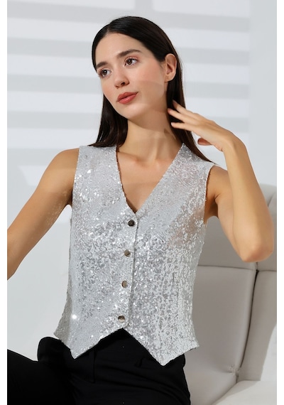 Mois Atelier Beyaz Pul Payetli Çıt Çıt Kapama V Yaka Yelek Tasarım Hediye Büyük Beden Beyaz