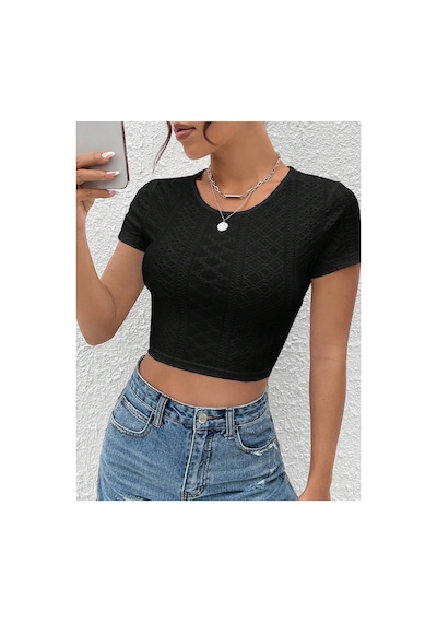 Hımmelduf Siyah Belden Bağlamalı Kısa Kollu Crop Bluz Siyah