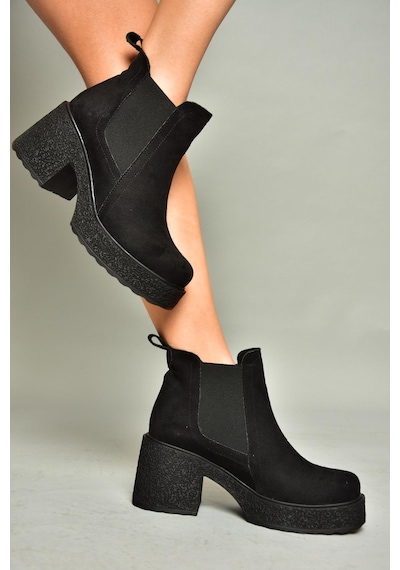 Fox Shoes T996220002 Siyah Süet Kalın Topuklu Kadın Bot Siyah-Süet Siyah