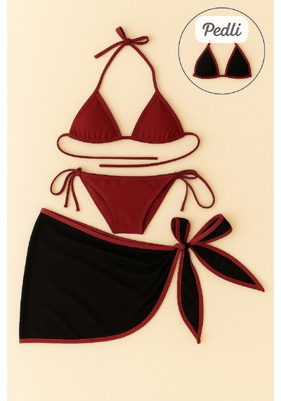 Moda Dua Kadın Bordo Siyah Pareolu Yandan Ve Boyundan Bağlamalı 3'lü Bikini Takımı