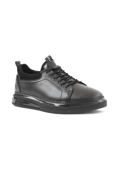 Erkek Siyah Bağcıklı Kalın Tabanlı Deri Sneaker