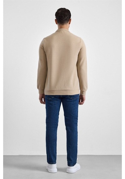 Süvari Bej Regular Düz Fermuarlı Polo Yaka Sweatshirt Sw2013700028-bj3