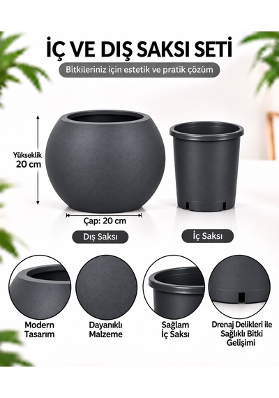 Antrasit Yuvarlak Dekoratif Saksı 20x20 Cm İç Saksılı Modern Salon Ve Balkon Saksısı 9 Litre -