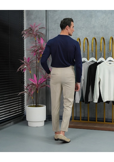 Modefendi Slim Fit Kalıp Pamuk Likra Sade Bisiklet Yaka Triko Kazak Lacivert